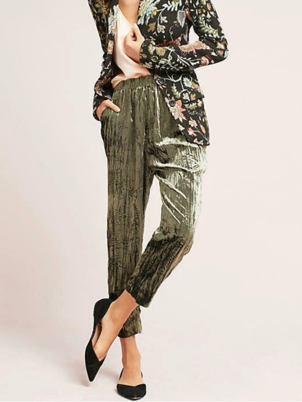 Anthropologie by ETT:TWA Crushed Velvet Green Cropped Pants Sz Medium M